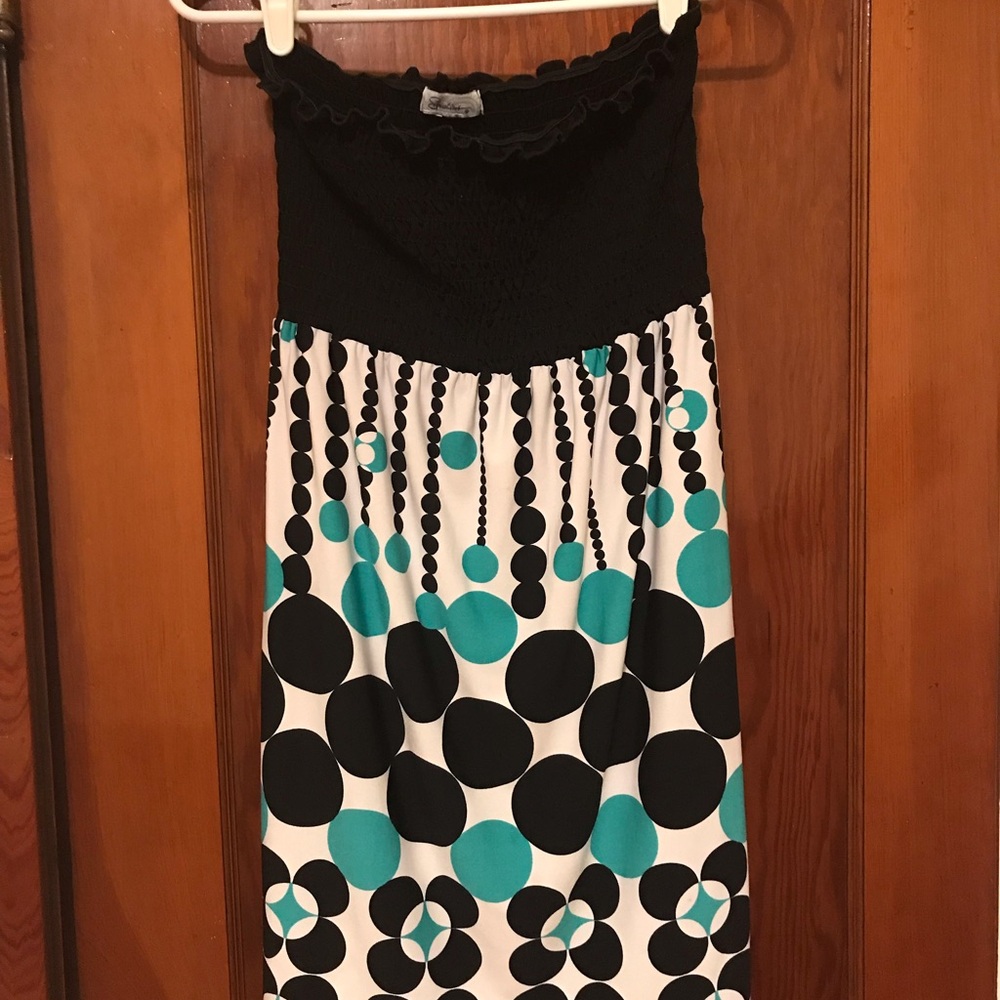 Black & Teal Polka Dot Strapless Dress